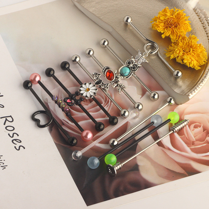 European American Trendy Ear Studs Butterfly Snake Industrial Barbell Cross Bar Ear Bone Nail Piercing Jewelry Set detail image 12