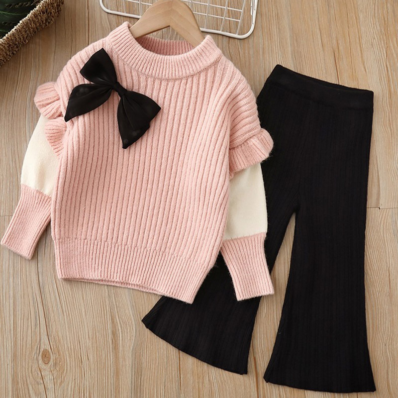 Tüdrukute kampsun 2024. aasta kevadine uus naiste aarete kootud alumise osaga särk laiade säärega püksid kaheosaline komplekt Korea laste rõivad_voghion.com