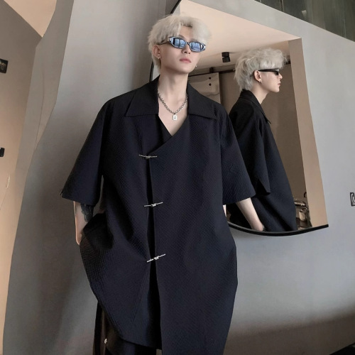 Modern Chinese-style national wind short-sleeve shirt for men, summer thin version, cool handsome texture pattern, shoulder pad, loose turnover collar, half-sleeve shirt