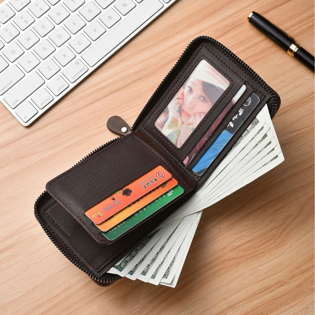 polyurethane casual retro capacious wallet with zipper