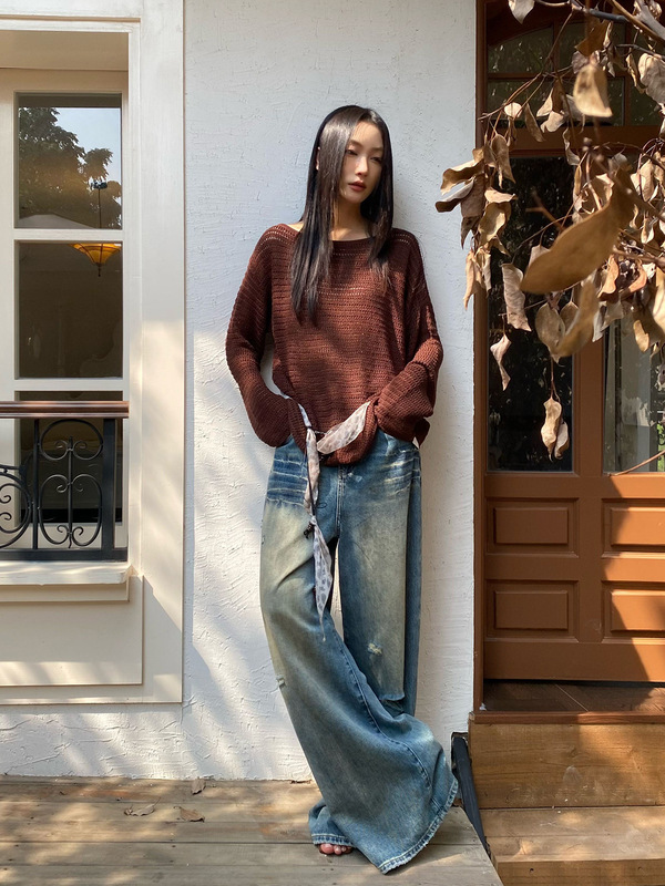 2025秋季新款慵懒风宽松天丝亚麻女式针织衫圆领镂空毛衫女W1098|undefined