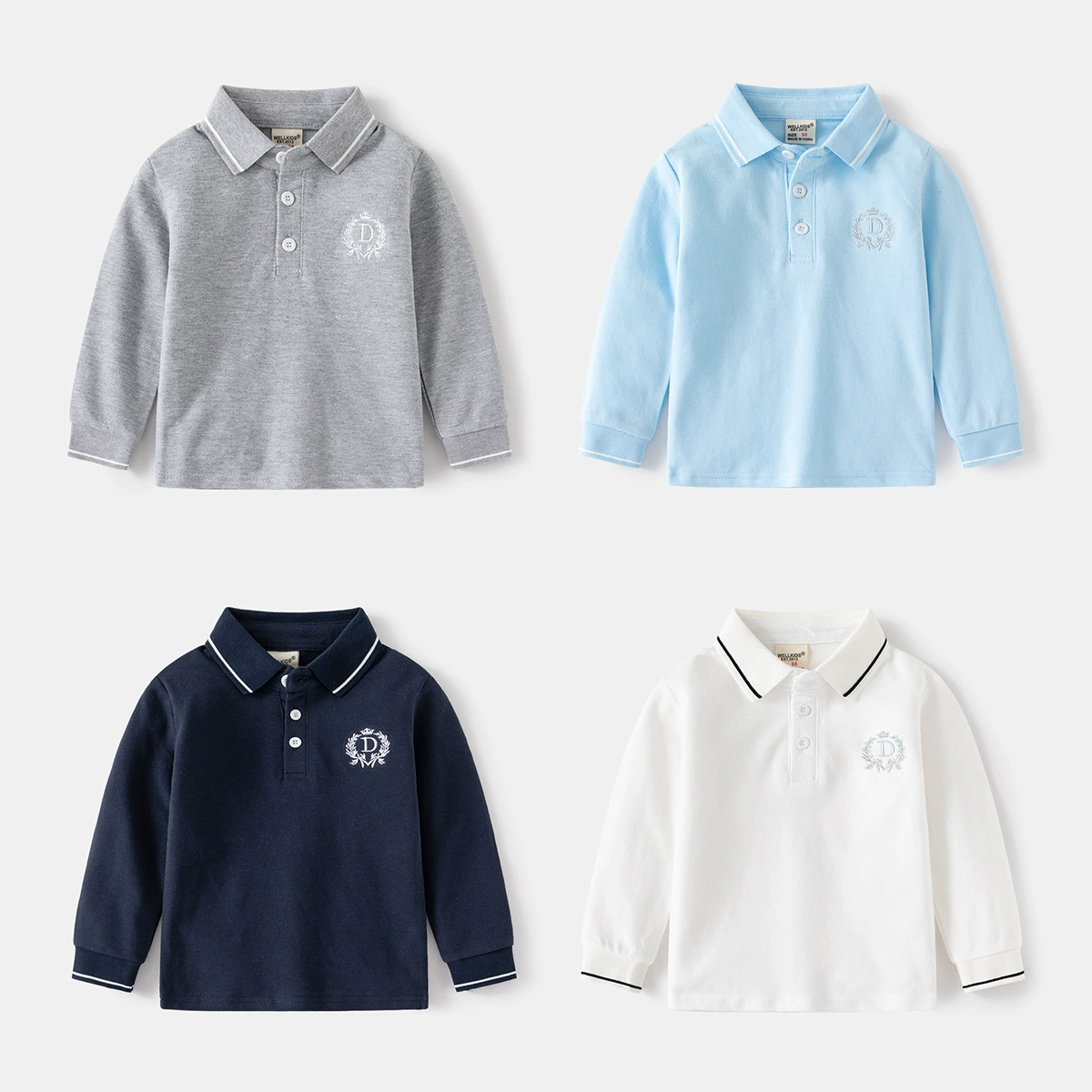 Детская поло-футболка 2025 осень новая коллекция для мальчиков однотонная с отложным воротником, длинный рукав, детский пуловер, оптовая продажа для экспорта