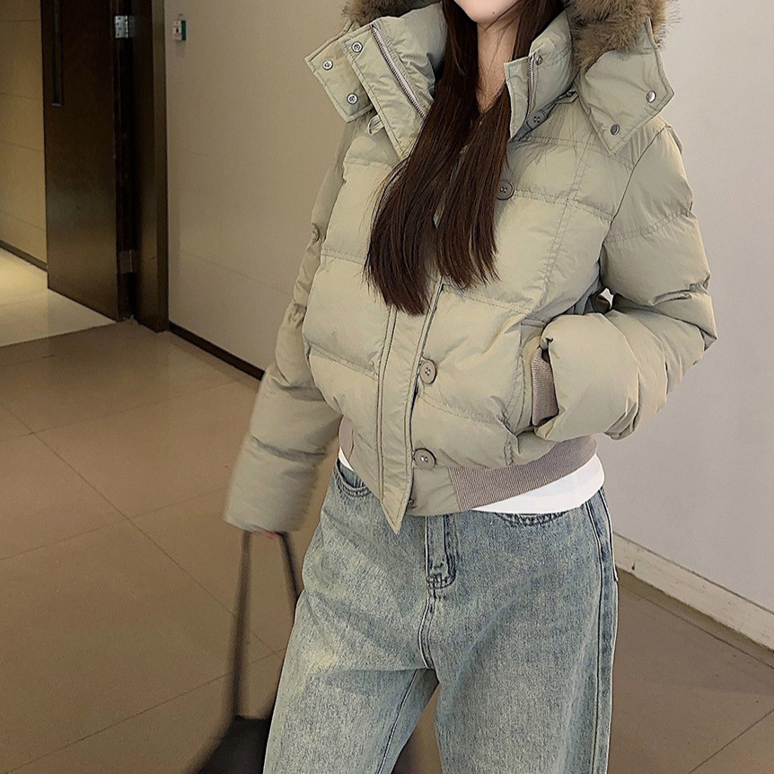 네이비 모피 칼라 후드 코튼 패딩 재킷 여성의 겨울 새로운 짧은 따뜻한 탑