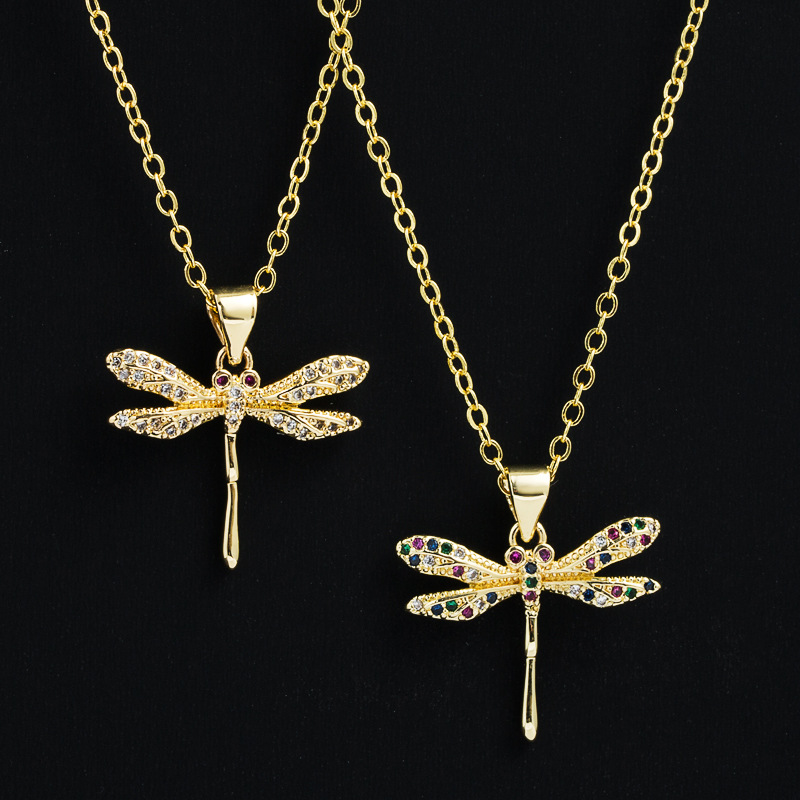 fashion Copper Plating 18K Gold Micro Inlaid Zircon Dragonfly Pendant Necklace