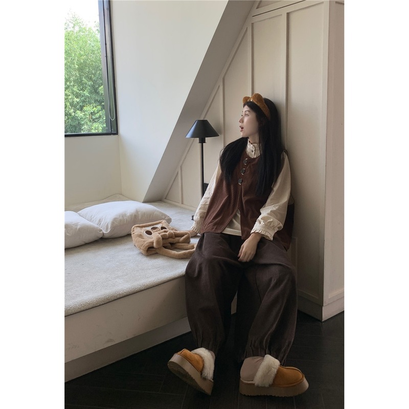 复古叠穿灯芯绒马甲长袖衬衫高腰灯笼长裤女2025秋季新款时尚套装|undefined