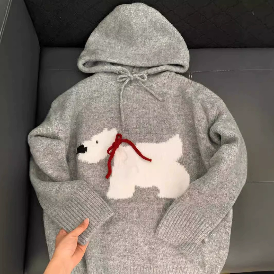 Knitted Hooded Sweater, Teen Unisex, Demi-Season Gray, One Size, Dog Motif