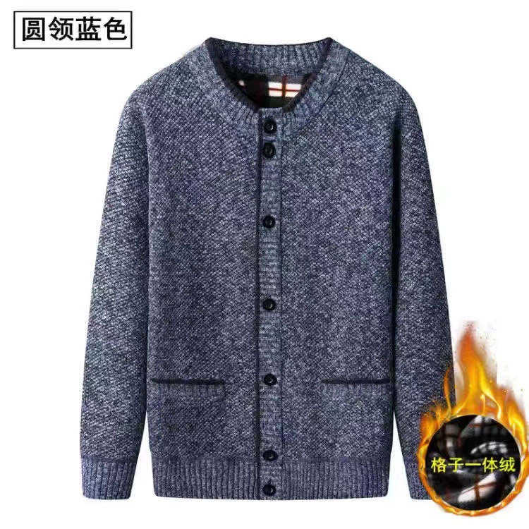 Поколение мужчин среднего и пожилого возраста, кардиган с воротником-стойкой, вязаное пальто на флисовой подкладке, теплое пальто дедушки