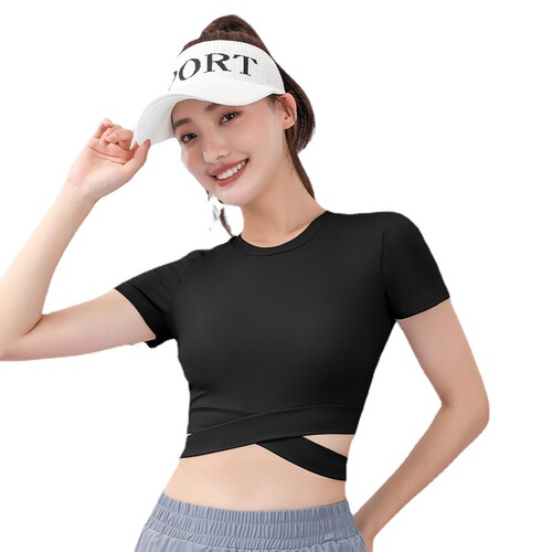 Juyitang peach navel cross short-sleeved summer slim yoga dress high-waist tight fitness top for women