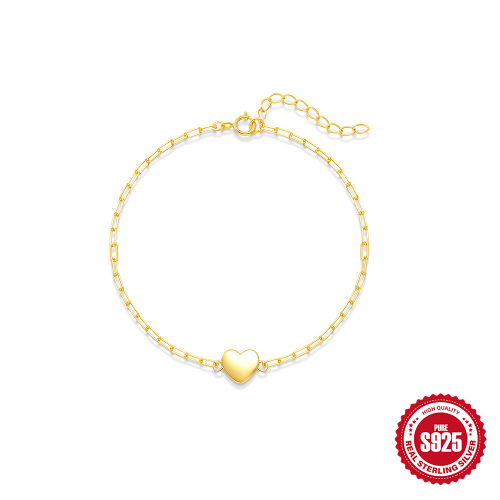 New S925 Sterling Silver Clip Chain Glossy Heart Bracelet