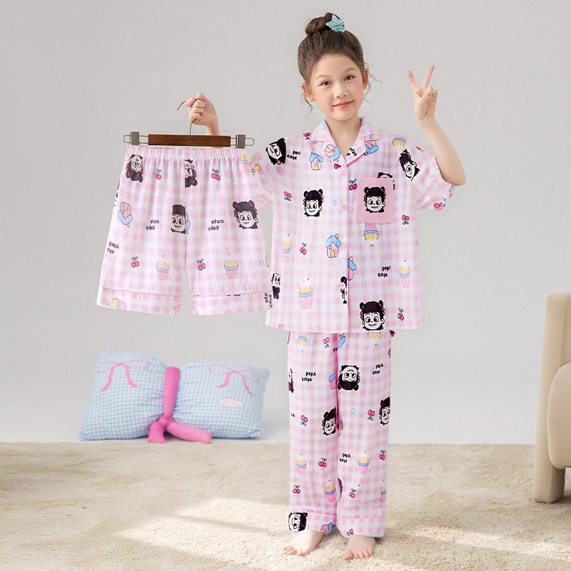 Pijamas para niños niñas de verano delgada ropa de bebé 2026 nuevo conjunto de hielo de seda de tres piezas