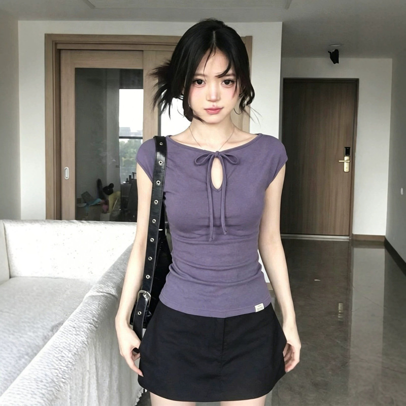 Purple Hollow-Out Lace-Up Short-Sleeve T-Shirt for Women, Summer Wear, Ruched Waist, Regular Shoulder Tee, Slim Fit, Flattering, Trendy Top Purple Hollow-Out Lace-Up Short-Sleeve T-Shirt for Women, Summer Wear, Ruched Waist, Regular Shoulder Tee, Slim Fit, Flattering, Trendy Top