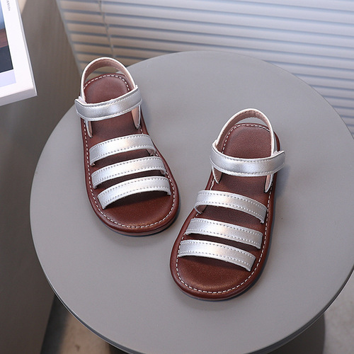 Fashionable children's sandals, retro summer open-toe beach shoes, soft sole, comfortable and versatile, simple and elegant princess shoes.