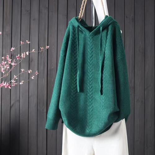 Pure Color Hooded Belted Long-Sleeve Soft and Slender Women's Knit Top Sweater for Autumn and Winter