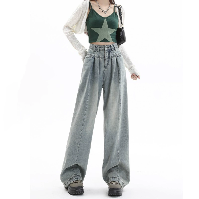 Винтажные джинсы с драпировками женские осенне-зимние дизайнерские горячие девушки с высокой талией миниатюрные свободные прямые широкие брюки с широкими штанинами