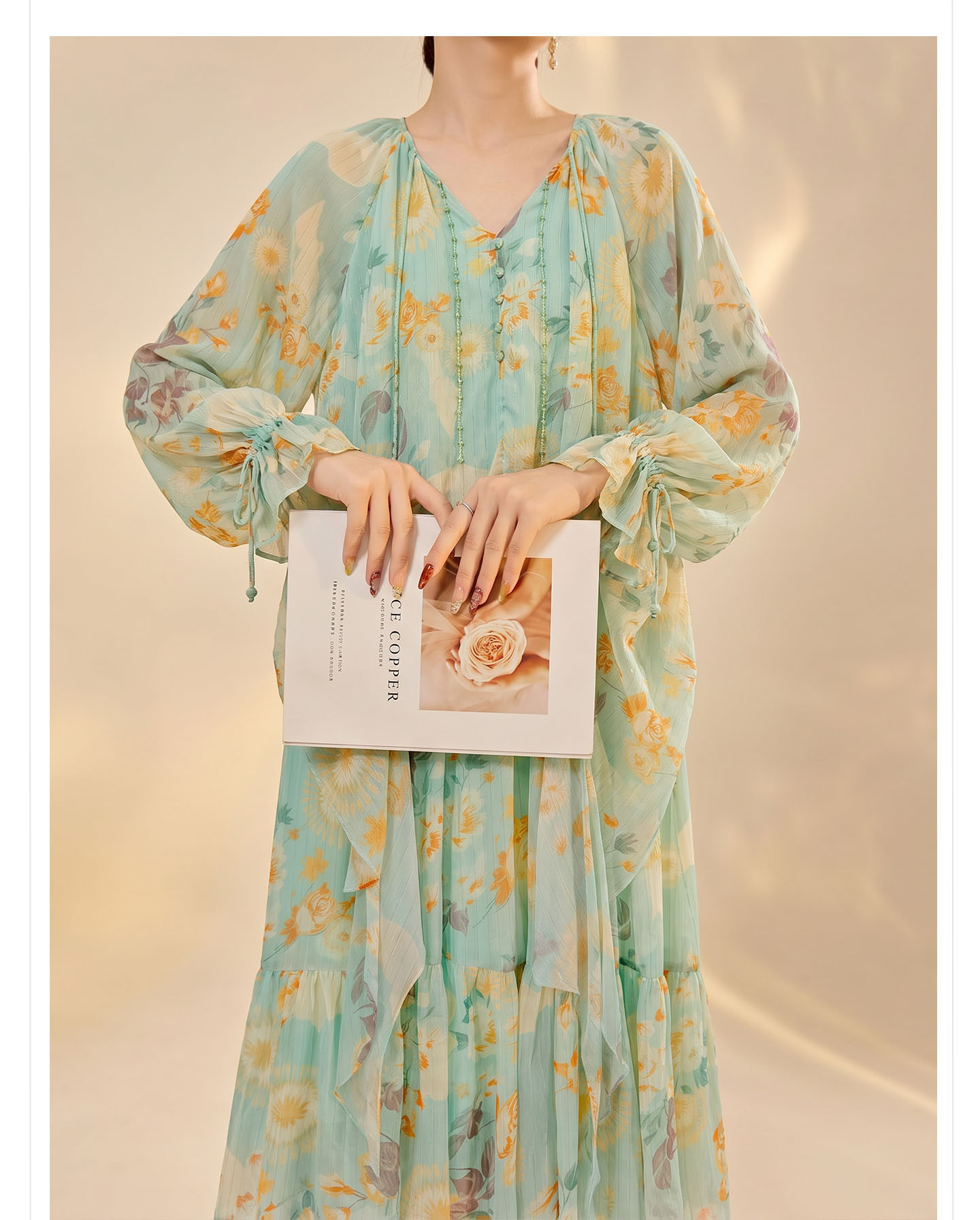 Váy maxi nữ phong cách Trung Quốc mới in họa tiết giả hai lớp thiết kế dáng dài mùa hè — Thiên Thanh chi tiết 4