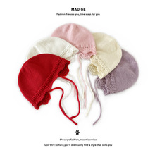 猫哥针织帽儿童秋冬新款简约纯色可爱花边小辫子宝宝保暖毛线帽