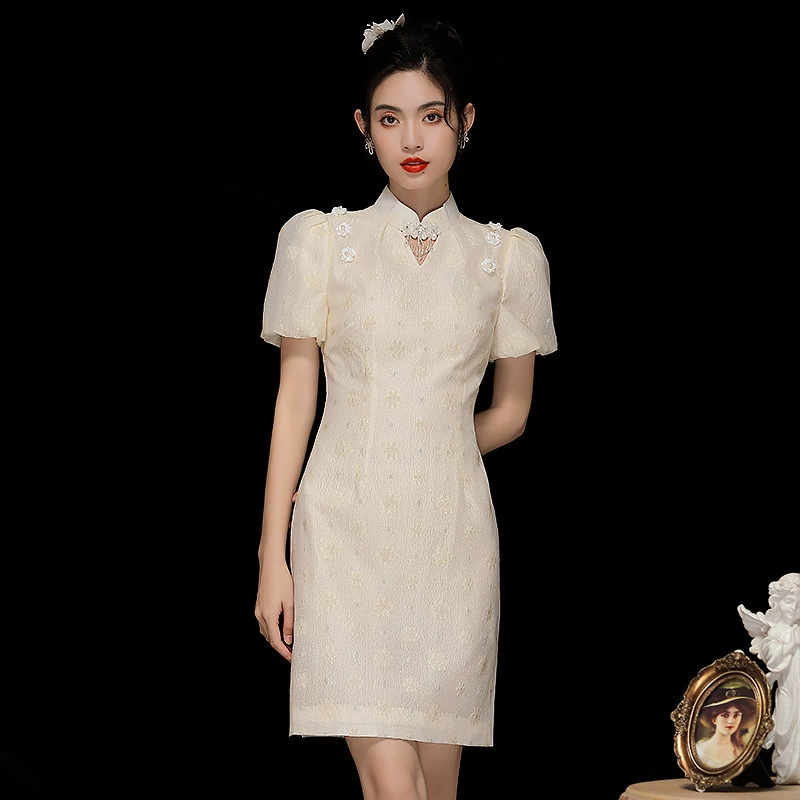 Летнее жаккардовое короткое улучшенное молодое модное повседневное платье Cheongsam с рукавами-фонариками 230277