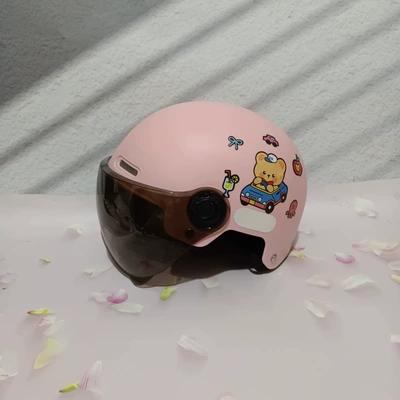 Helmet, Motosiklet kaskı (dəbilqə) - black-short-light-pink-car-bear-7-15-years-old