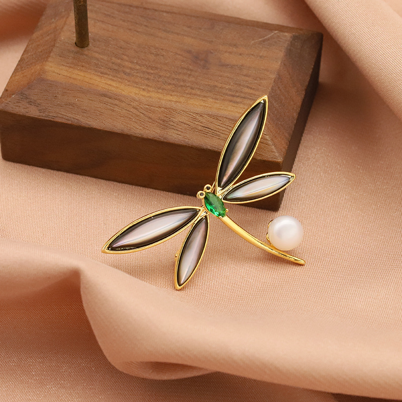 Broche de La Perla natural plateado 18K oro micro incrustaciones ZIRCON libélula negro ramillete hembra pin soporte vacío joyería artística femenina