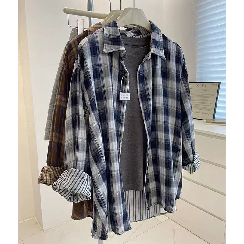 Double-Sided Cotton Gauze Casual Retro Plaid Long-Sleeved Fashionable Shirt Lazy Early Autumn Loose Versatile Shirt Cardigan Jacket
