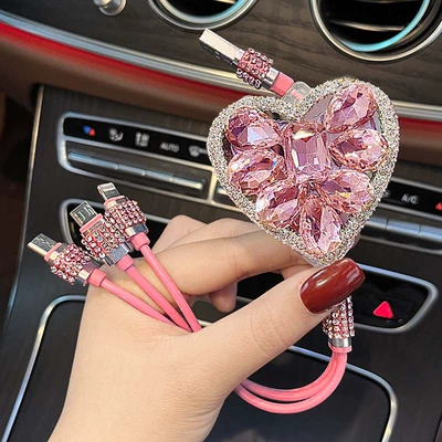 Diamond-encrusted data cable three-in-one Mobil şarj cihazları - pink-love-data-line