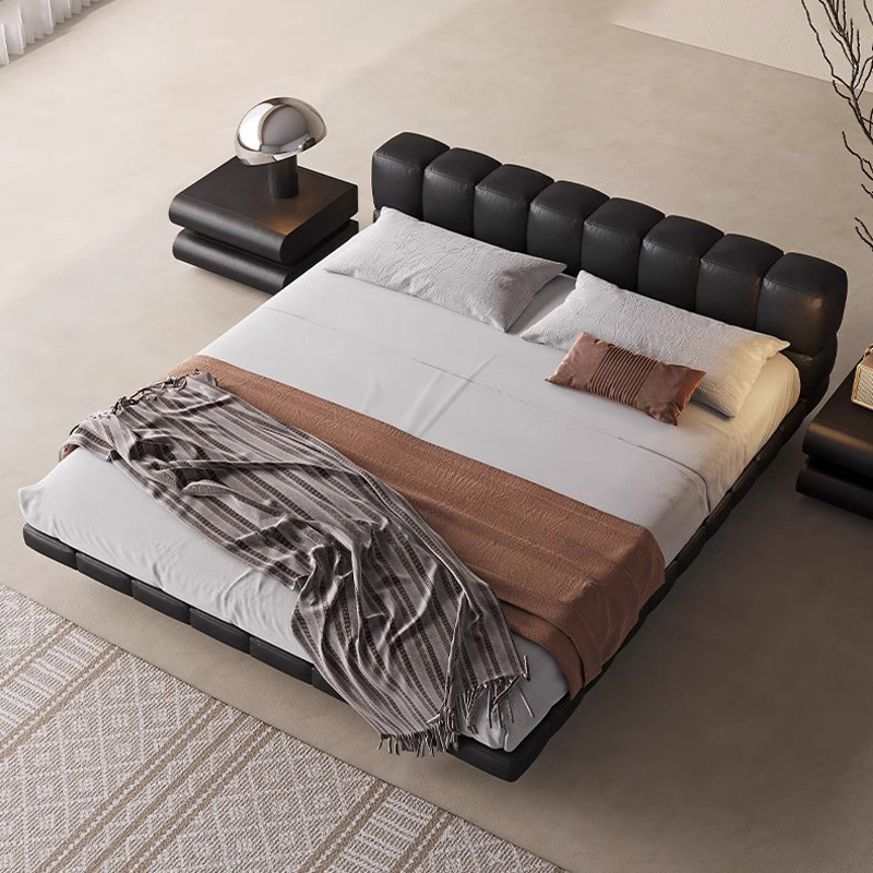 Cama de puff, cama de suspensión de cuero, cama de cuero minimalista italiana, cama de chocolate moderna, cama de boda, cama de paquete suave, negro