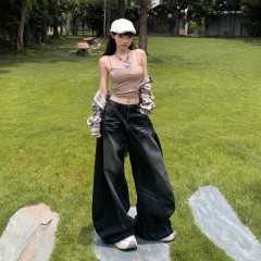 黑灰色弯刀牛仔裤女2025秋季新款高腰宽松显瘦直筒高街阔腿镰刀裤