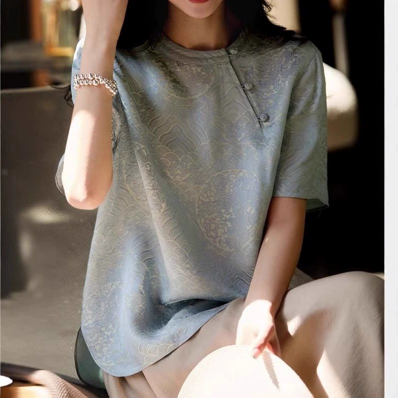 Маленькая рубашка Oriental Songya-Yunshu с жаккардовой косой планкой, свободный топ с короткими рукавами, лето 2025 г.