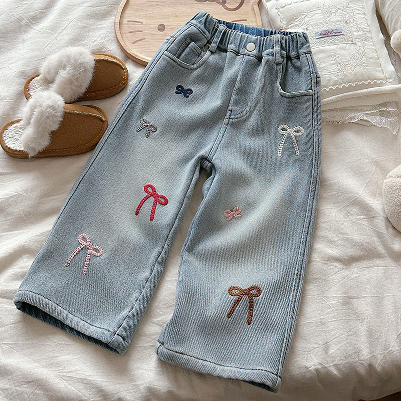Niñas de invierno de grano caliente de lana caliente vaqueros de arco versátiles 2025 nueva ropa infantil gruesa una sola calzada image 6
