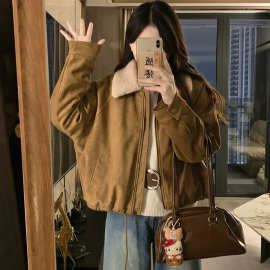 羊羔毛翻领鹿皮绒夹棉外套女装2025秋冬新款时尚百搭短款夹克上衣