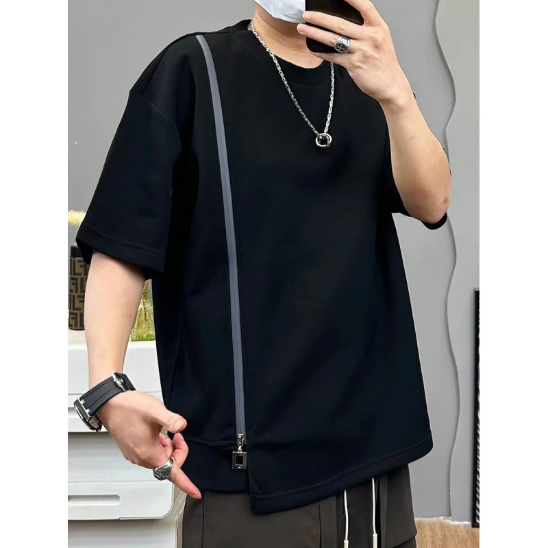 American high-street design, color-blocked zippered short-sleeved men's summer trendy round neck short-sleeved T-shirt
