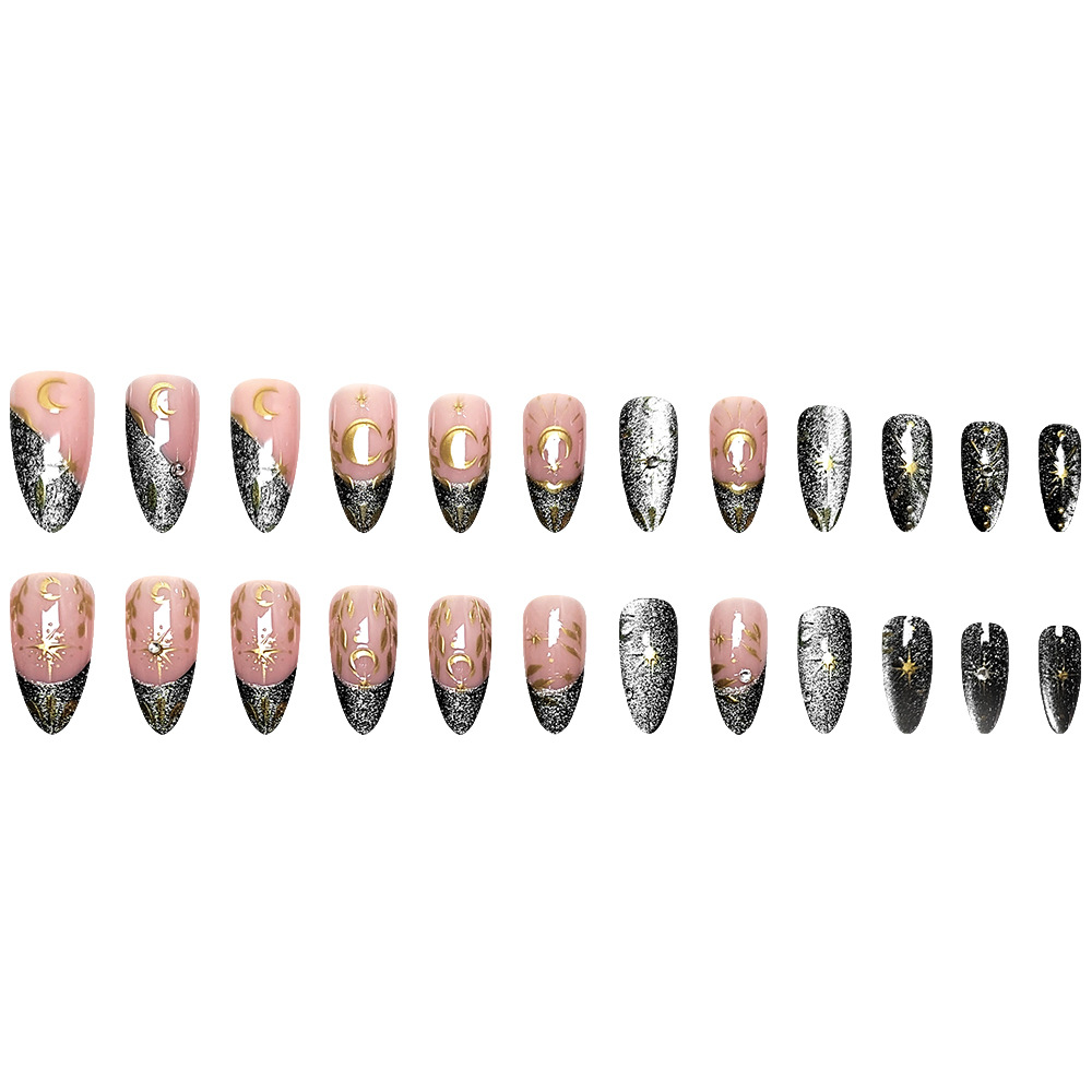 3D estereoscópico LIP dorado desgaste uña estrella de luna hojas de ojo de gato uñas 24 piezas clásicas de oro negro perforación de uñas falsas image 6