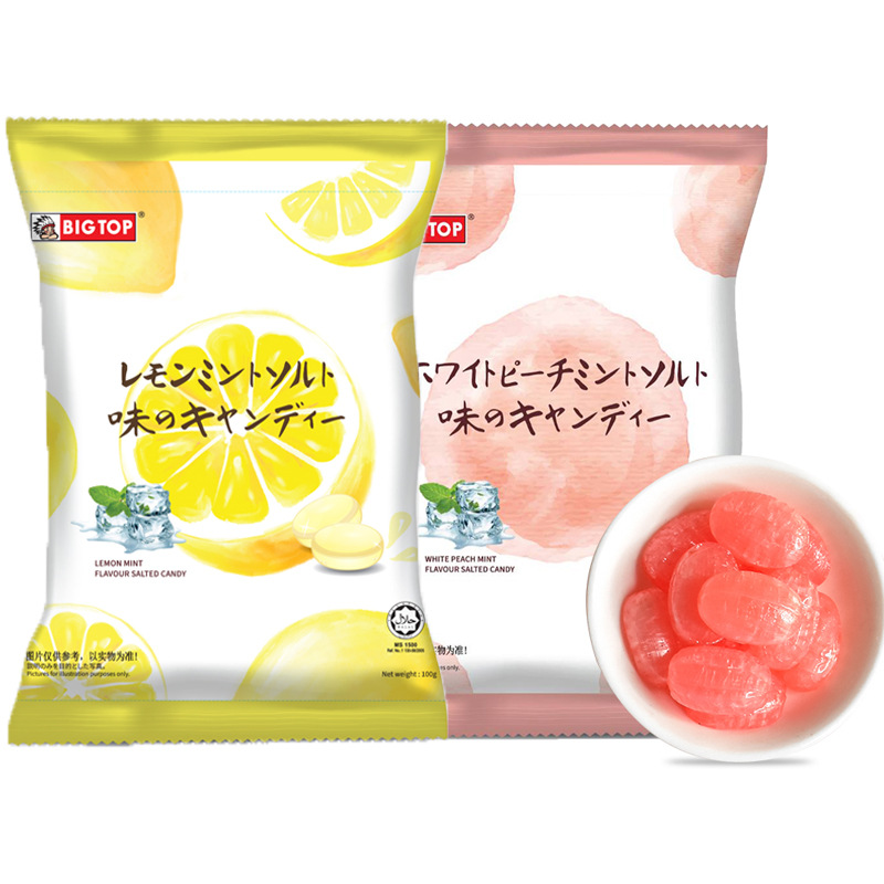 BIG TOP白桃/柠檬薄荷味咸糖果马来西亚进口休闲糖果喜糖零食100g