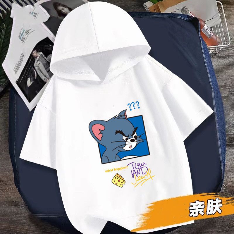 Hooded Short-Sleeved T-Shirt Summer Hooded Cat and Mouse New Handsome Quarter-Sleeved Sweatshirt Summer Hooded 12