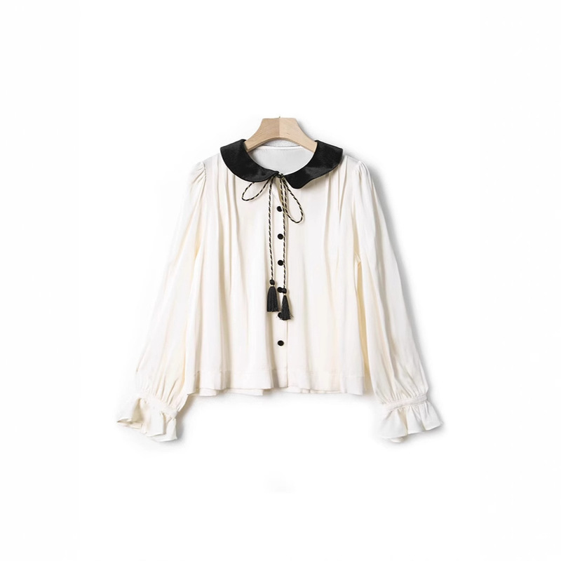 Do* Silk Velvet Patchwork Neckline Ruffle Sleeve Tassel Lace-Up Shirt Women's Top