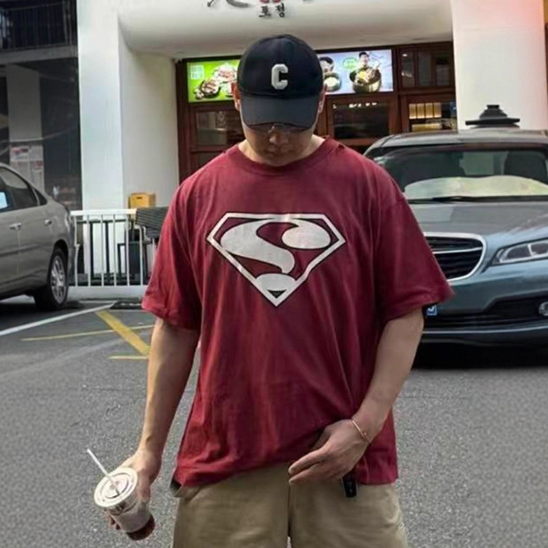 Saint of Michael 25Ss High Street Fashion Brand Superman Washed Distressed Short-Sleeved Japanese Fashion T-Shirt for Men and Women