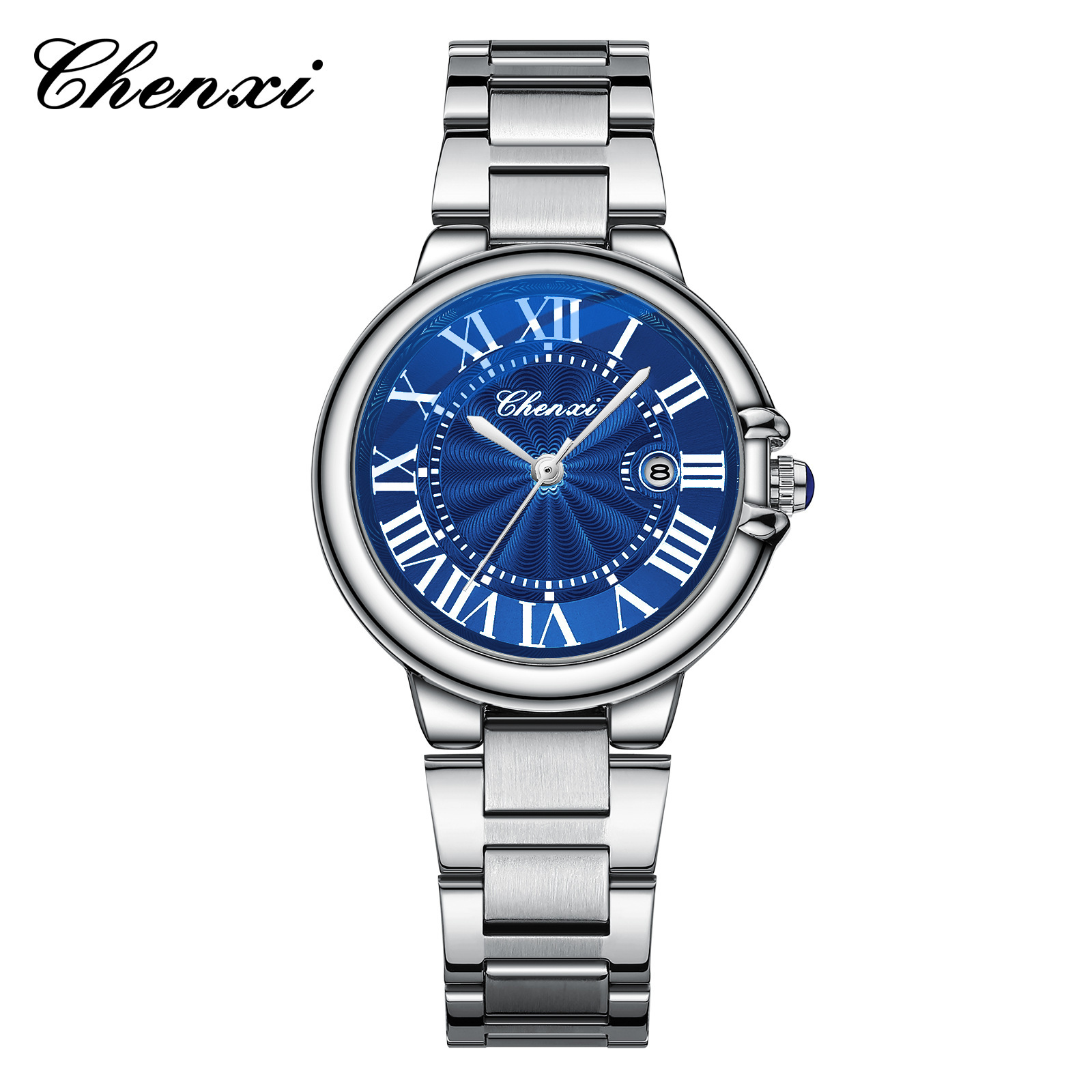 CHENXI pareja reloj calendario azul aguja correa de acero reloj impermeable reloj transfronterizo pareja caliente reloj