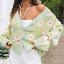 跨境外贸大码清新小雏菊韩版开衫毛衣女秋冬新款时尚V领针织外套