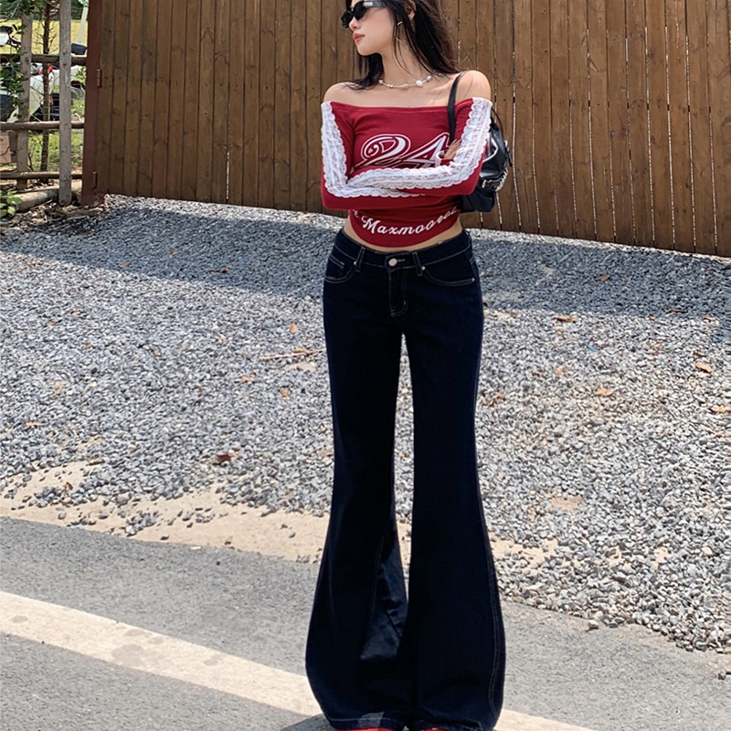 Vintage Low-Waist Flared Jeans for Women 2025 New Design Dark Blue Loose Slimming Drapey Floor-Length Pants