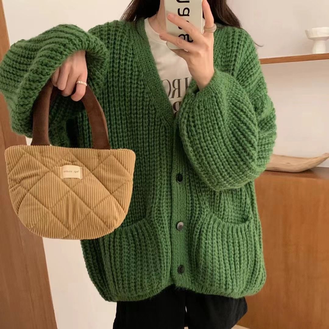 秋冬新款粗线马海毛加厚针织开衫女装宽松慵懒风复古休闲毛衣外套