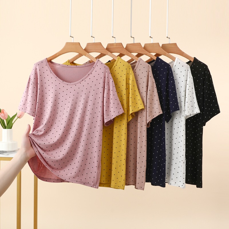 Modal New Round Neck Short-Sleeved T-Shirt for Women, Summer Polka Dot Simple Versatile Top, Thin Loose Pajamas