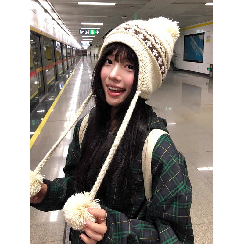 フェア島風毛糸帽子女子秋冬レトロ百合大頭囲保温ニット帽子顔小耳保護帽子