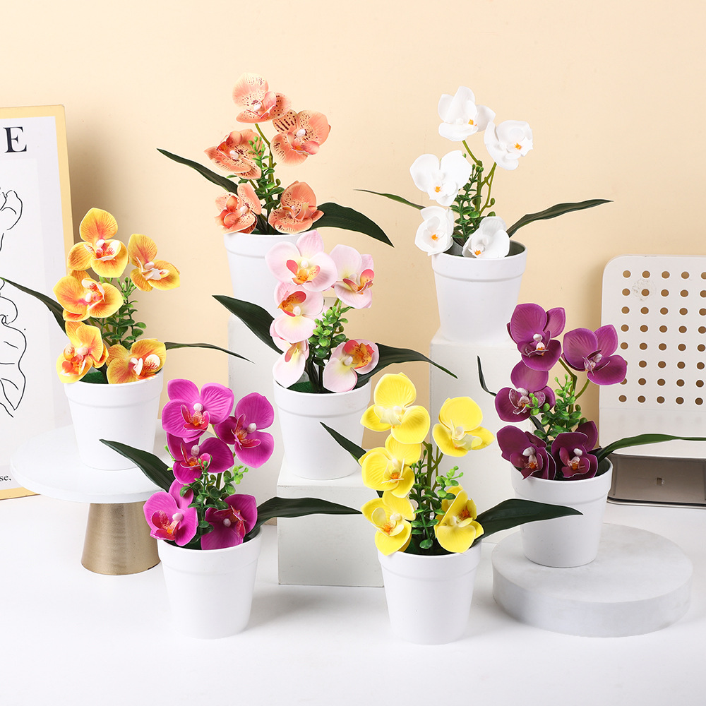 Doble rama 5 flores mariposa orquídea simulación en maceta decoración de oficina pequeña plantación en maceta disparar flores de simulación de bonsai verde