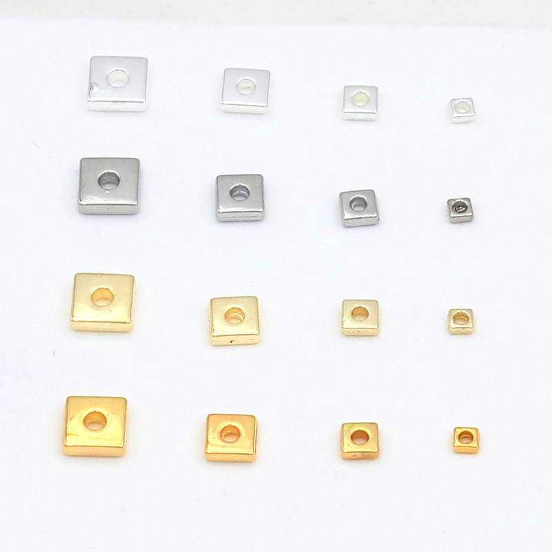 18K Real Gold Color-Preserving Square Silver Spacer Beads and Flat Beads for DIY Jewelry Accessories