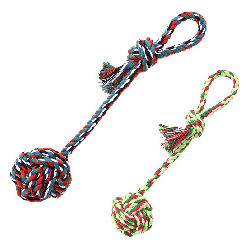 En stock al por mayor cuerda de algodón de cuero perro juguete mano tirar mascota cuerda de algodón largo cola bola mascota perro juguete