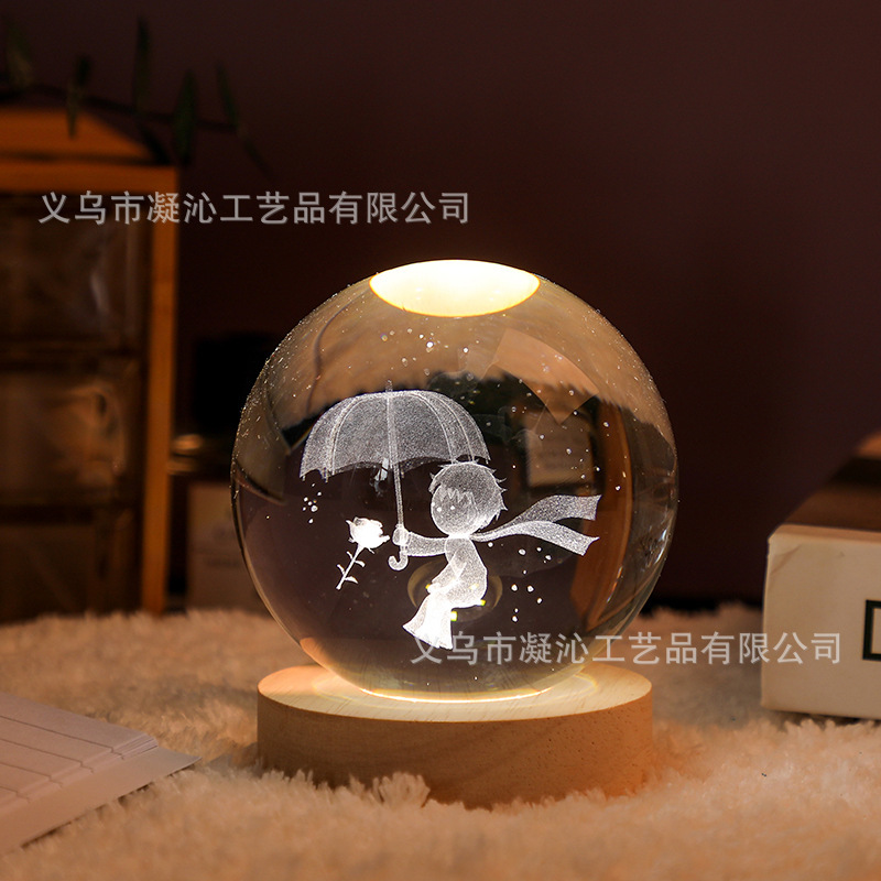 クロスボーダー発光台座3d内彫刻水晶玉銀河太陽創意デスクトップ置物ガラス水晶玉小夜灯|undefined