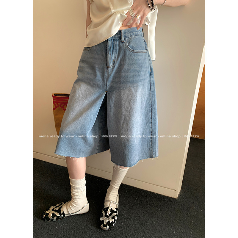 MONA Retro Blue Mid-length Casual Loose Mid-waist Denim Shorts for Small Women 2024 Summer New Style