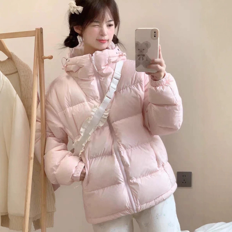 Camel-style 2026 winter new hooded down jacket for women, short white duck down puffer coat, couple's thickened outerwear