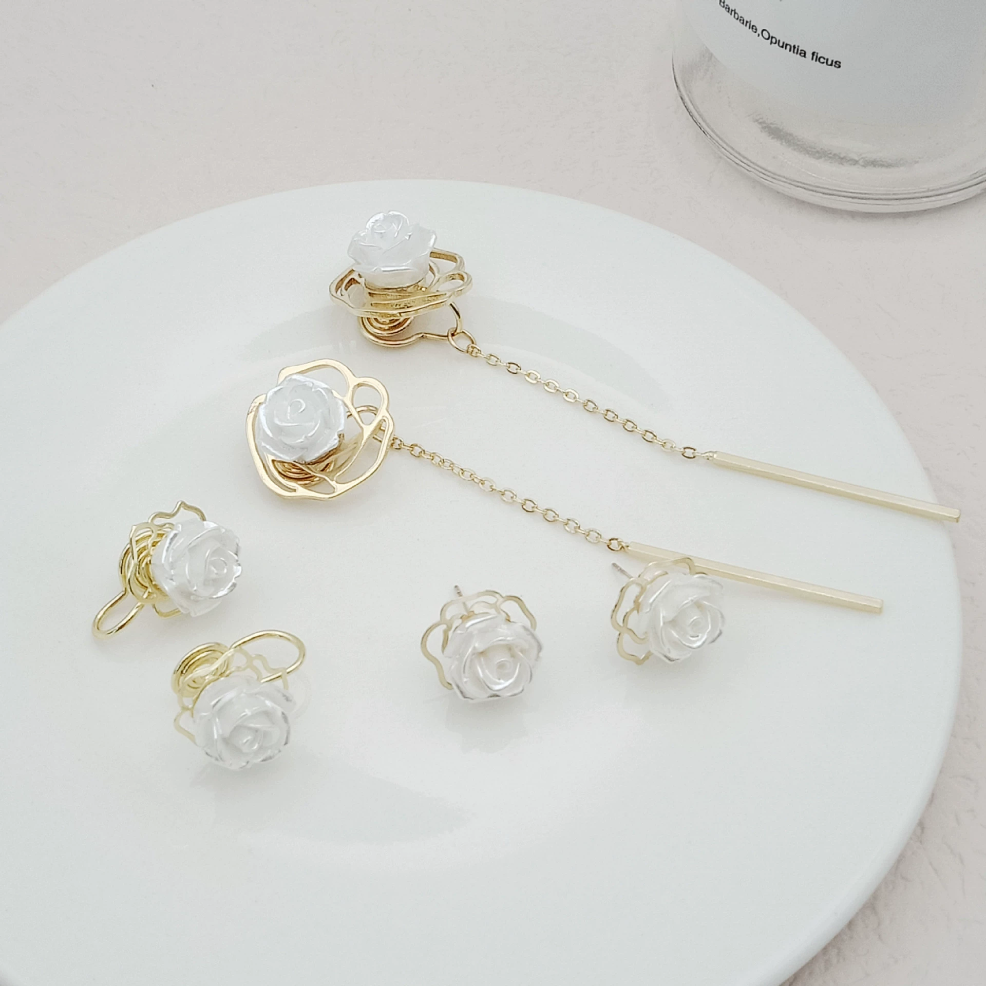 White retro earrings, silver 925 sample, flowered
