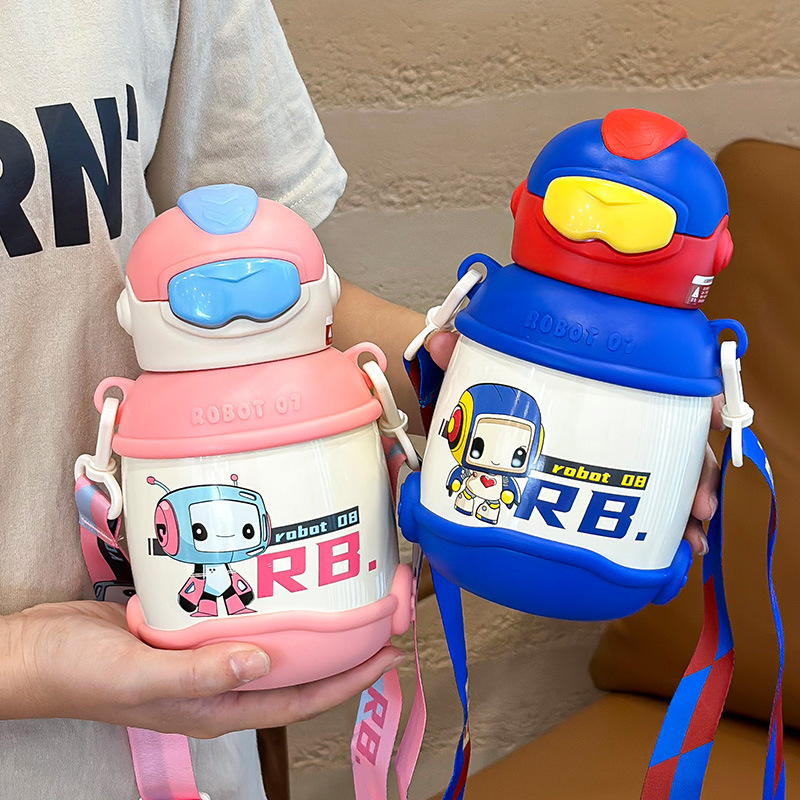 高顏值卡通兒童保溫杯便攜背帶大肚吸管杯女生戶外斜跨喝水隨手杯